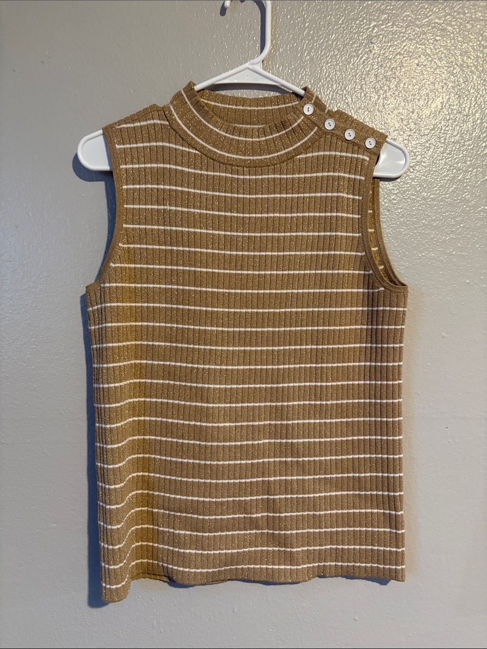 Sleeveless Striped Knit Shell with Button Detail - Camel
